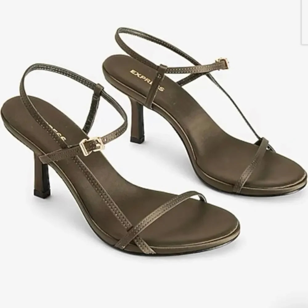Express Strappy Slingback Mid Heeled Sandals Olive with Gold Hardware Size 8